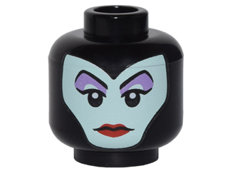 Minifigure, Head Female Balaclava with Light Aqua Face, Medium Lavender Eye Shadow, Pointed Eyebrows, Red Lips Pattern (Maleficent)