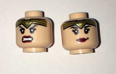 Minifigure, Head Dual Sided Female Gold Tiara, Black Eyebrows, Eyelashes, Red Lips, Lopsided Smile / Angry Pattern