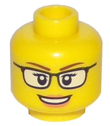 Minifigure, Head Female Black Glasses with White Lenses, Reddish Brown Eyebrows, Nougat Lips, and Open Mouth Smile with Teeth Pattern