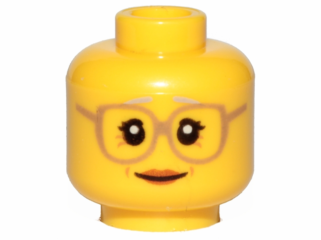 Minifigure, Head Female Glasses Dark Tan, Gray Eyebrows, Crow's Feet, Peach Lips Pattern