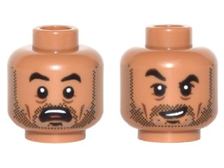 Minifigure, Head Dual Sided Black Eyebrows, Stubble Beard, White Pupils, Open Mouth Scared / Crooked Grin, Eyebrow Raised Pattern
