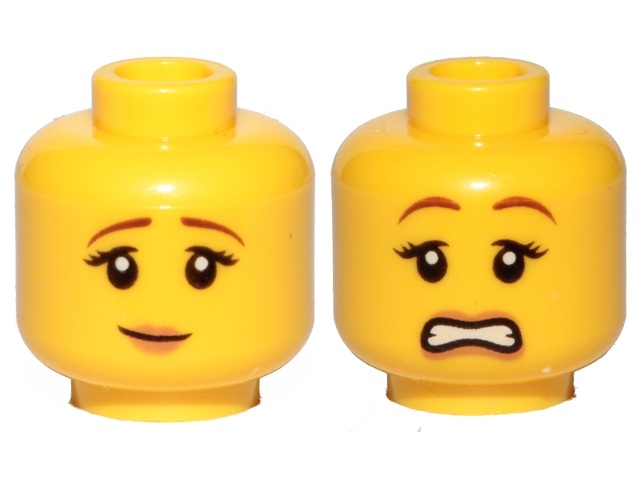 Minifigure, Head Dual Sided Female Reddish Brown Eyebrows, Black Eyelashes, Nougat Lips, Slight Grin / Scared Open Mouth with Teeth Pattern