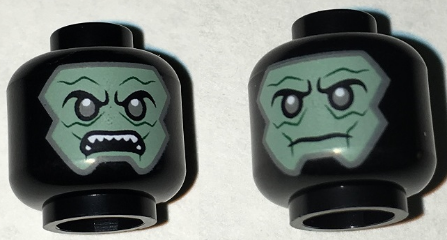 Minifigure, Head Dual Sided Alien Balaclava with Sand Green Skin, Dark Gray Eyes, Neutral / Angry Open Mouth with Teeth Pattern