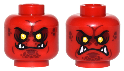 Minifigure, Head Dual Sided Alien Black Eyebrows, Yellow Eyes, Dark Red Spots, 4 Fangs, Grin / Angry Frown Pattern
