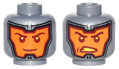 Minifigure, Head Dual Sided Balaclava, Orange Face, Dark Red Eyebrows, Sly Grin / Angry Open Mouth Scowl with Bright Light Yellow Teeth Pattern
