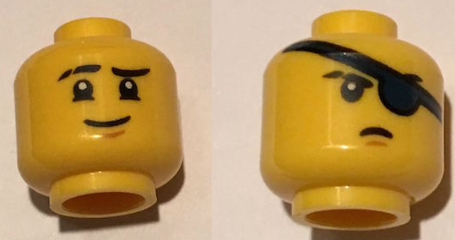 Minifigure, Head Dual Sided Scarred Right Eyebrow, Chin Dimple, Smile / Stern, Eye Patch Pattern
