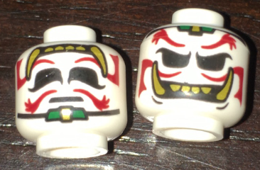Minifigure, Head Dual Sided Alien Dark Red Eyebrows and Moustache, Gold Teeth and Fangs, Sad / Evil Grin Pattern