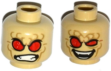 Minifigure, Head Dual Sided Alien with Red Eyes, Dark Tan Wrinkles, Angry Clenched Teeth / Evil Smile Pattern