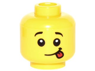Minifigure, Head Raised Black Eyebrows, White Pupils, Lopsided Smile with Red Tongue Out Pattern