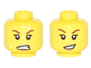 Minifigure, Head Dual Sided Female, Dark Tan Lips, White Sweat Beads, Teeth Clenched / Lopsided Open Smile Pattern