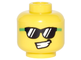 Minifigure, Head Black Sunglasses with Reflections and Bright Green Temples, Lopsided Open Mouth Smile with Teeth Pattern