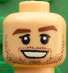 Minifigure, Head Reddish Brown Thick Eyebrows and Stubble, Black Eyelids, Medium Nougat Dimples, Open Mouth Smile with Teeth Pattern