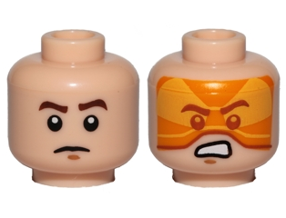 Minifigure, Head Dual Sided Dark Brown Eyebrows, Medium Nougat Chin Dimple, Frown / Dark Red Eyebrows and Eyes, Orange Visor, Angry Scowl with Teeth Pattern