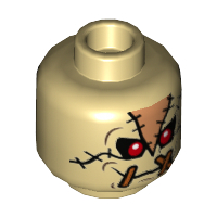 Minifigure, Head Alien with Red Eyes, Orange Patches with Stitches Front and Back Pattern (Scarecrow)