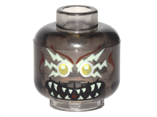 Minifigure, Head Alien with Yellowish Green Lightning Bolts Around Gold Eyes, Dark Red Face Lines, Fangs Pattern (Mayhem)