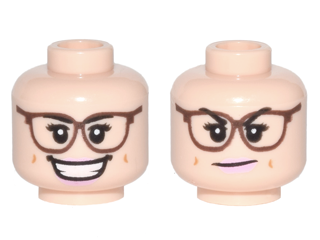 Minifigure, Head Dual Sided Female Reddish Brown Glasses, Bright Pink Lips, Open Smile / Smirk Pattern (Abby Yates)