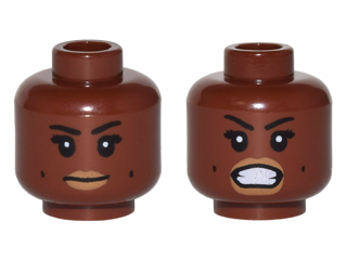 Minifigure, Head Dual Sided Female, Black Eyebrows, Dark Tan Lips, Dimples, Neutral / Bared Teeth Pattern (Patty Tolan)