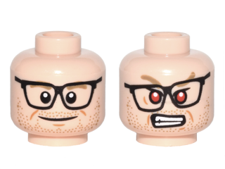Minifigure, Head Dual Sided Black Glasses, Dark Tan Eyebrows, Stubble Beard, Smile / Red Eyes, Angry Pattern (Kevin Beckman)