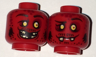 Minifigure, Head Dual Sided Alien Black Eyebrows, Yellow Eyes, Dark Red Spots, Broken Fangs, Goofy Open Smile Teeth / Closed Mouth Pattern