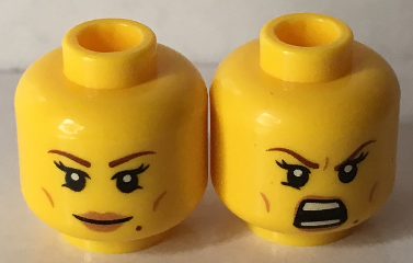 Minifigure, Head Dual Sided Female Brown Eyebrows, Eyelashes, Peach Lips, Beauty Mark, Smile / Open Mouth Bared Teeth Pattern