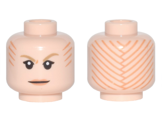Minifigure, Head Female Dark Tan Eyebrows, Orange Lips and Tattoo Lines on Front and Back Pattern