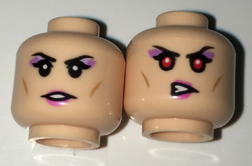 Minifigure, Head Dual Sided Female with Black Eyebrows, Purple Eye Shadow and Pink Lips, Neutral / Red Eyes Pattern