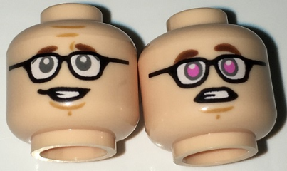 Minifigure, Head Dual Sided Black Glasses, Reddish Brown Eyebrows,  Sheepish Grin / Dark Pink Eyes Pattern