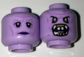 Minifigure, Head Dual Sided Alien with Black Eyes, Purple Lips Neutral / Monster Open Mouth with Teeth, Fangs Pattern