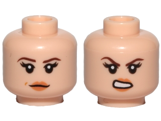 Minifigure, Head Dual Sided Female Dark Brown Eyebrows, Black Eyelashes, Nougat Lips, Neutral with Dimple / Open Mouth Scowl with Teeth Pattern