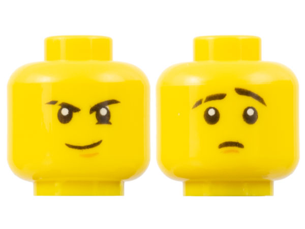 Minifigure, Head Dual Sided Black Eyebrows (one Scarred), White Pupils, Brown Chin Dimple, Firm Grin / Worried Pattern