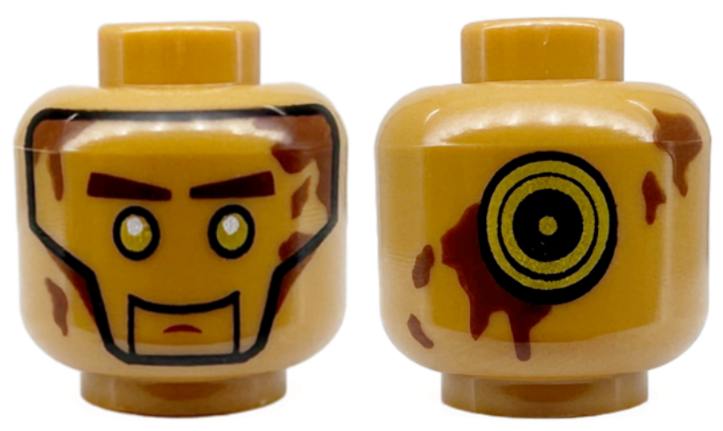 Minifigure, Head Alien with Gold Eyes, Reddish Brown Eyebrows and Splotches, Gold and Black Concentric Circles on Back Pattern