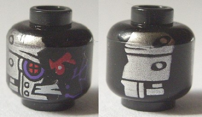 Minifigure, Head Alien with Red Mechanical Right Eye, Dark Purple Circuitry, Bared Teeth, and Silver Plates with Rivets on Front and Back Pattern