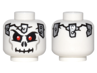 Minifigure, Head Skull Red Eyes, Black Cracks, Silver Metal Plates, Light Bluish Gray Cheek Lines, Evil Grin Pattern