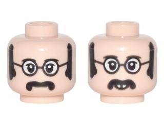 Minifigure, Head Dual Sided Black Glasses with White Lenses, Sideburns and Moustache, Neutral / Smiling Pattern (John)