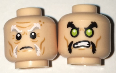 Minifigure, Head Dual Sided White and Gray Eyebrows, Moustache Fu Manchu, Wrinkles / Lime Eyes, Black Eyebrows, Pattern