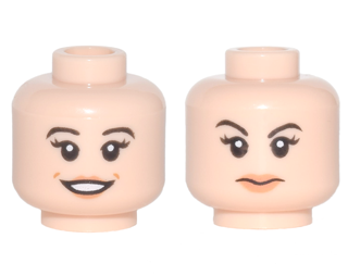 Minifigure, Head Dual Sided Female Black Eyebrows and Long Eyelashes, Nougat Lips, Open Smile / Closed Mouth, Eyebrow Raised Pattern