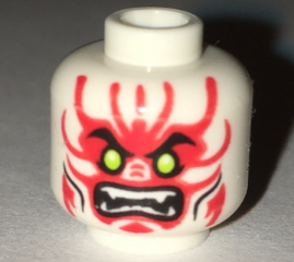 Minifigure, Head Alien with Lime Eyes, White Fangs, Red Face Decorations and Black Mouth and Cheek Lines Pattern