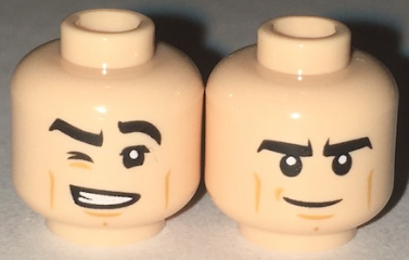Minifigure, Head Dual Sided Black Eyebrows, Tan Cheek Lines, Winking with Grin with Teeth / Determined Pattern