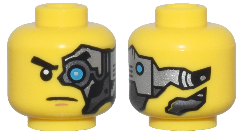 Minifigure, Head Alien with Black Eyebrow, Dark Azure Mechanical Left Eye, Silver Head Plate, Medium Nougat Chin Dimple, Frown Pattern