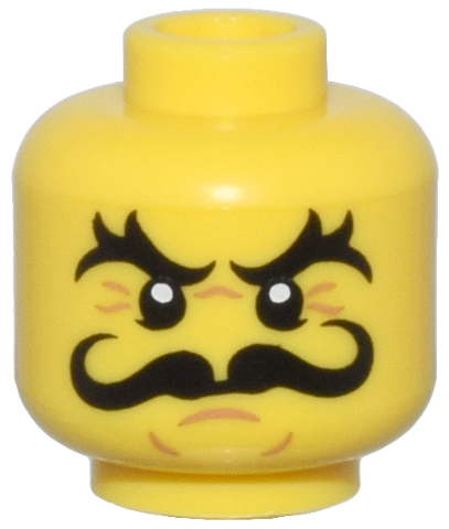 Minifigure, Head Black Bushy Eyebrows and Curly Moustache, Nougat Chin Dimple and Wrinkles, Angry Scowl Pattern
