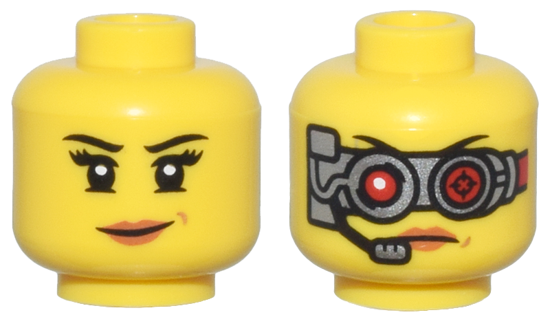 Minifigure, Head Dual Sided Female Black Eyebrows, Eyelashes, Lopsided Grin with Dark Orange Lips / Silver Mechanical Goggles with Red Lenses and Headset Pattern