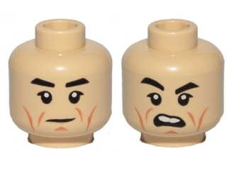 Minifigure, Head Dual Sided Black Eyebrows, Eyelashes, Dark Orange Cheek Lines Neutral / Open Mouth Scowl Pattern (SW Cdr. Sato)
