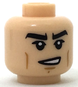 Minifigure, Head Black Thick Eyebrows, Upper Eyelids, Medium Nougat Cheek Lines and Chin Dimple, Lopsided Open Mouth Smile with Teeth Pattern