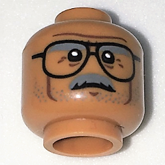 Minifigure, Head Dark Bluish Gray Bushy Eyebrows, Moustache, and Stubble, Black Glasses, Dark Brown Cheek Lines, Chin Dimple, and Wrinkles, Furrowed Brow, Stern Pattern