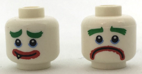 Minifigure, Head Dual Sided Bushy Green Eyebrows, Thick Red Lips, Grin with Sharp Tooth / Very Sad Frown Pattern (The Joker)