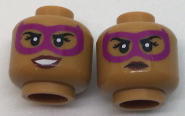 Minifigure, Head Dual Sided Female Magenta Eye Mask, Dark Red Lips, Grin with Teeth / Neutral Pattern
