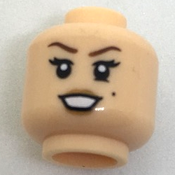 Minifigure, Head Female Reddish Brown Eyebrows, Black Double Eyelashes, Left Lower Eyelid, Beauty Mark, Medium Nougat Lips, Open Mouth Smile with Teeth Pattern