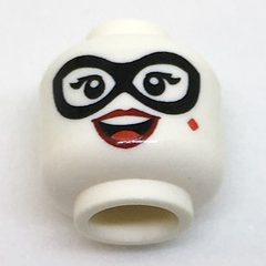 Minifigure, Head Female Black Eye Mask, Double Eyelashes, Red Diamond on Cheek, Dark Red Lips, Open Mouth Smile with Top Teeth and Tongue Pattern