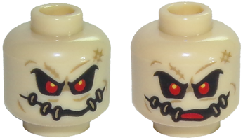 Minifigure, Head Dual Sided Alien with Red Eyes, Dark Tan Patches with Stitches Front and Back, Closed / Open Mouth Pattern (Scarecrow)