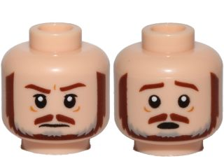 Minifigure, Head Dual Sided Brown and Gray Beard, Brown Eyebrows, Moustache, White Pupils, Frown / Scared Pattern (SW Qui-Gon)